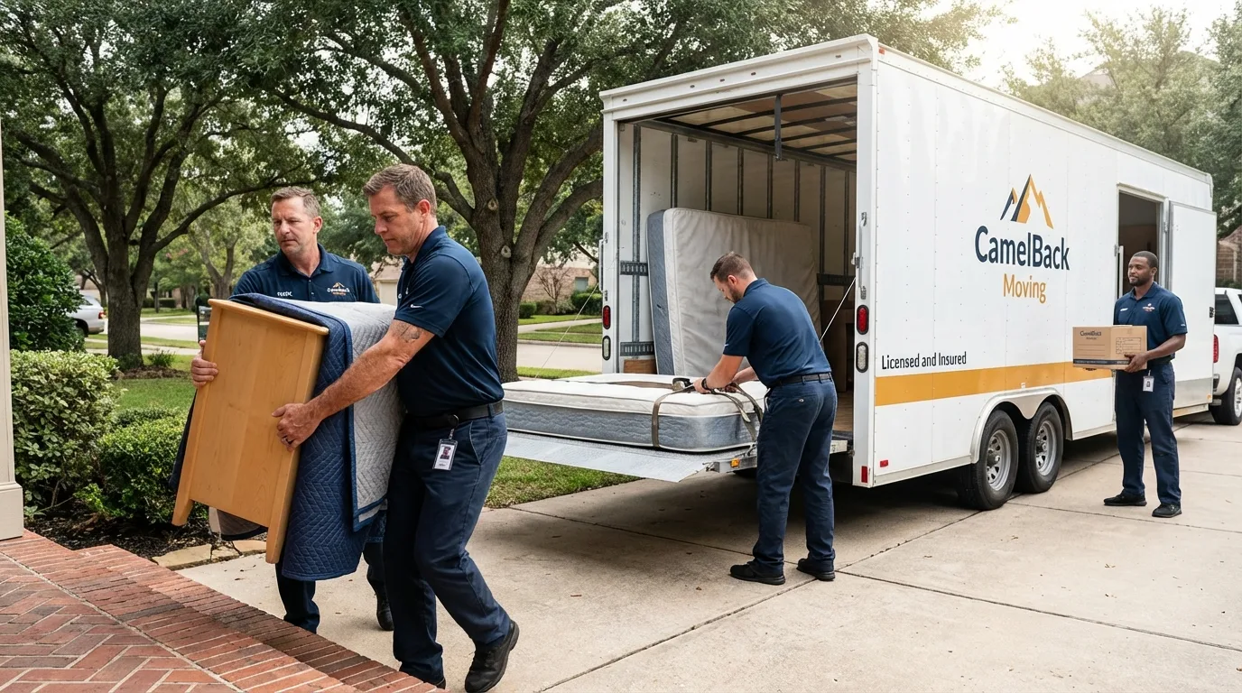 Crew loading residential truck for cross-state move from Peru, IN