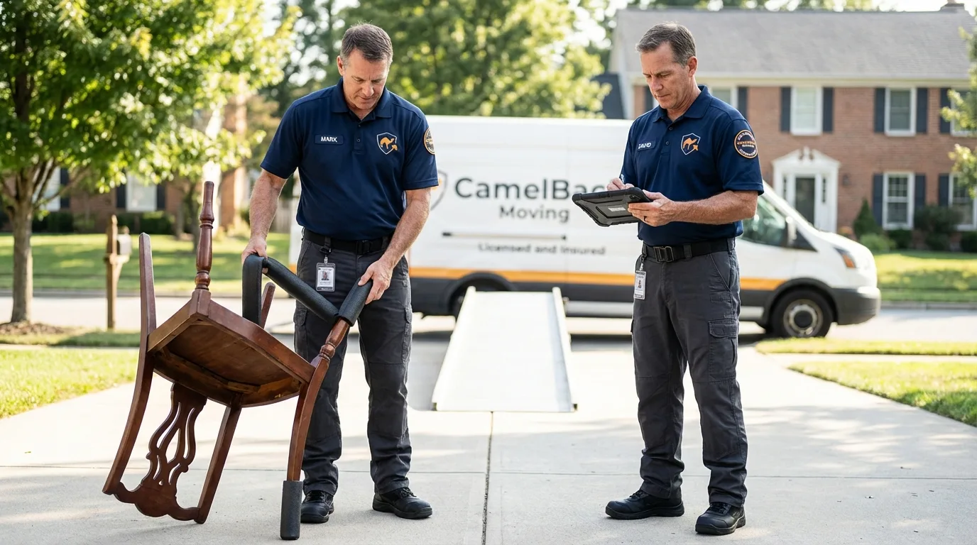 Movers inspecting furniture for damage prevention before loading in Peru, IN