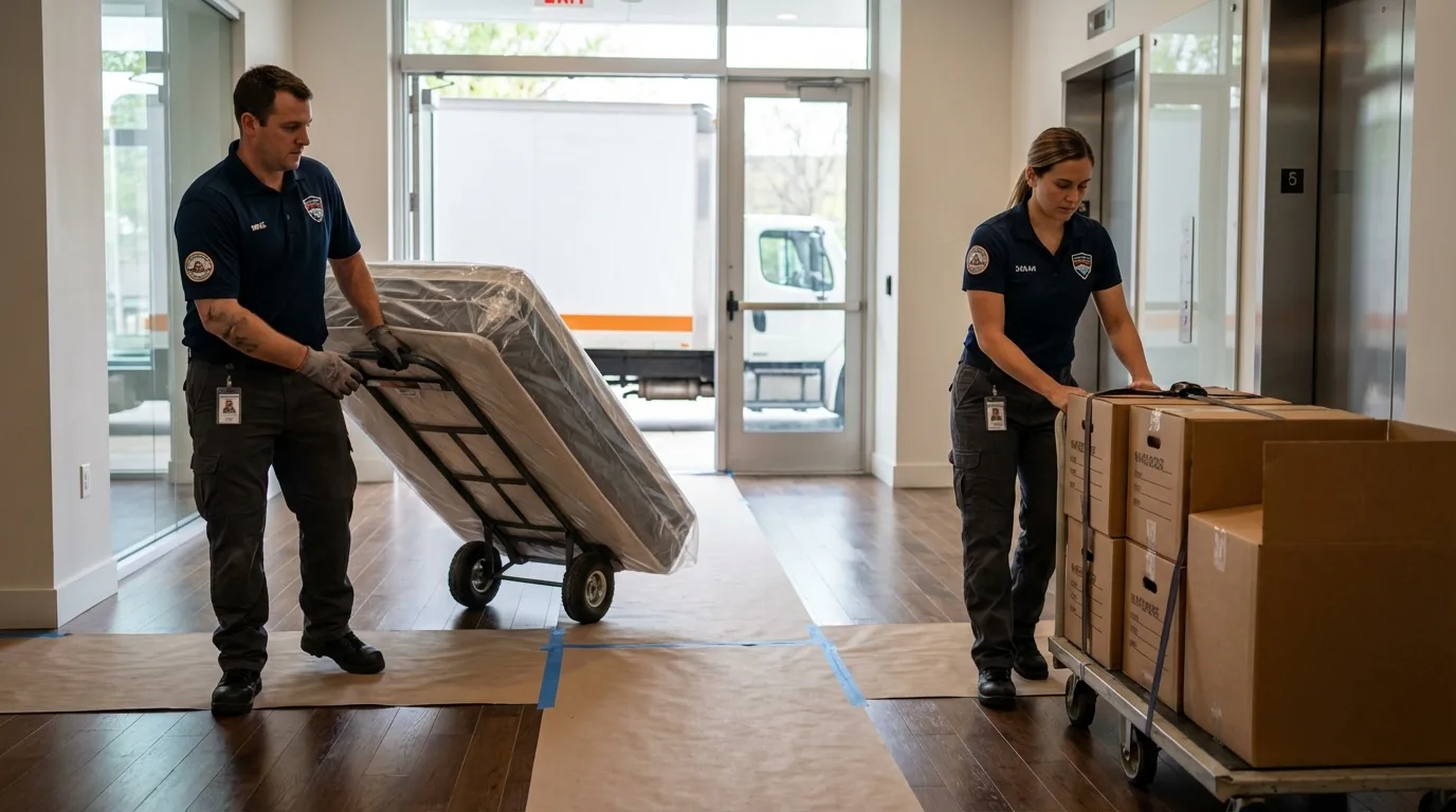 Professional apartment movers loading elevator in Peru, IN