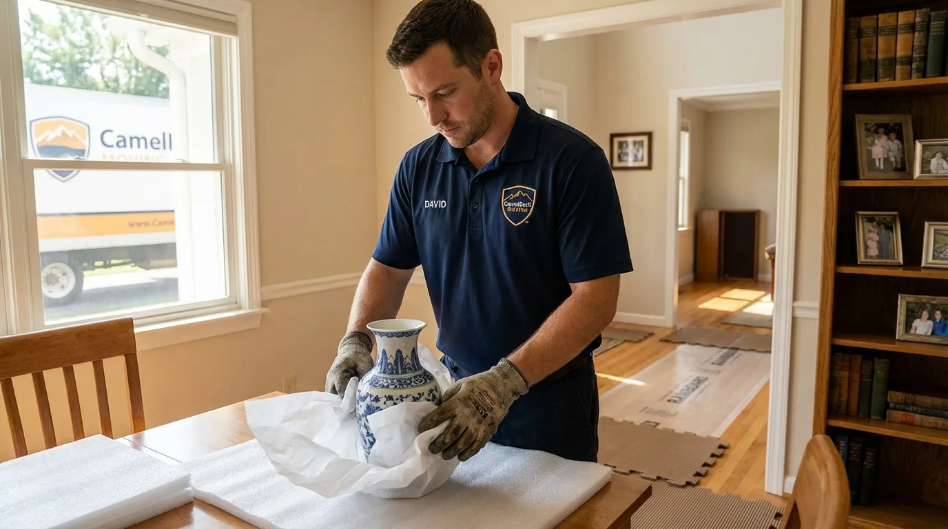 Professional crew carefully wrapping antique vase for senior downsizing move in Peru, IN